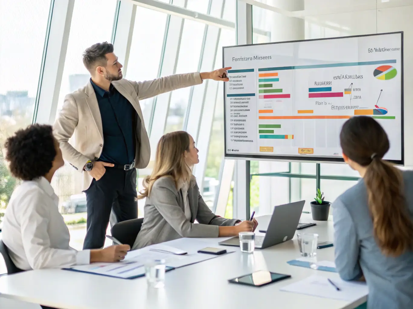 A project manager presenting a detailed project timeline and budget to a client, highlighting the transparency and efficiency of Virelix Engineering Group's project management approach.