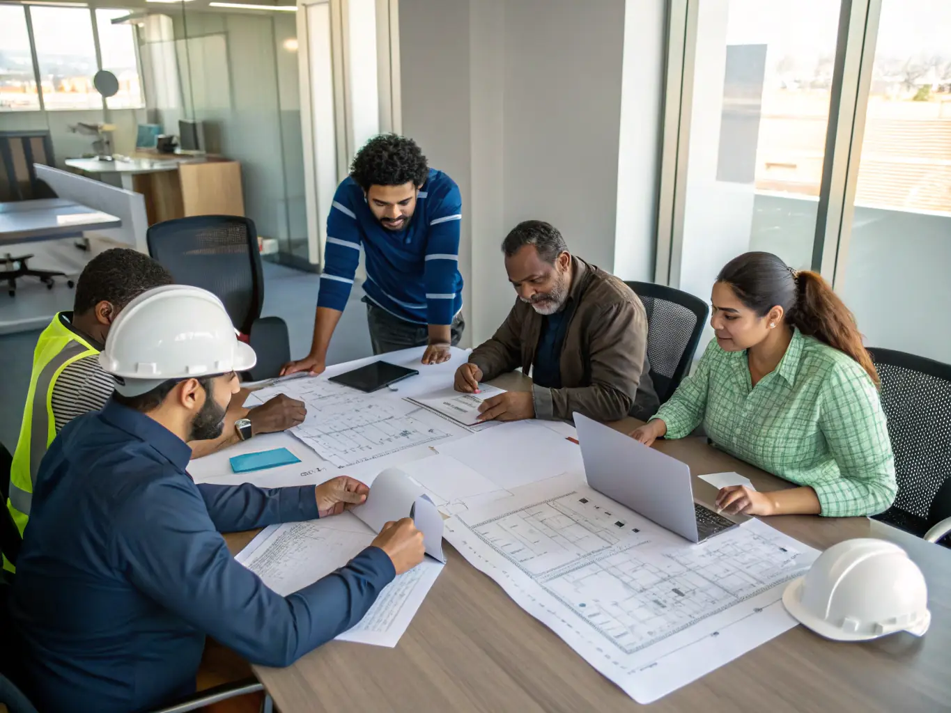 A diverse team of engineers collaborating on a complex project, symbolizing Virelix Engineering Group's multidisciplinary approach and collaborative spirit.