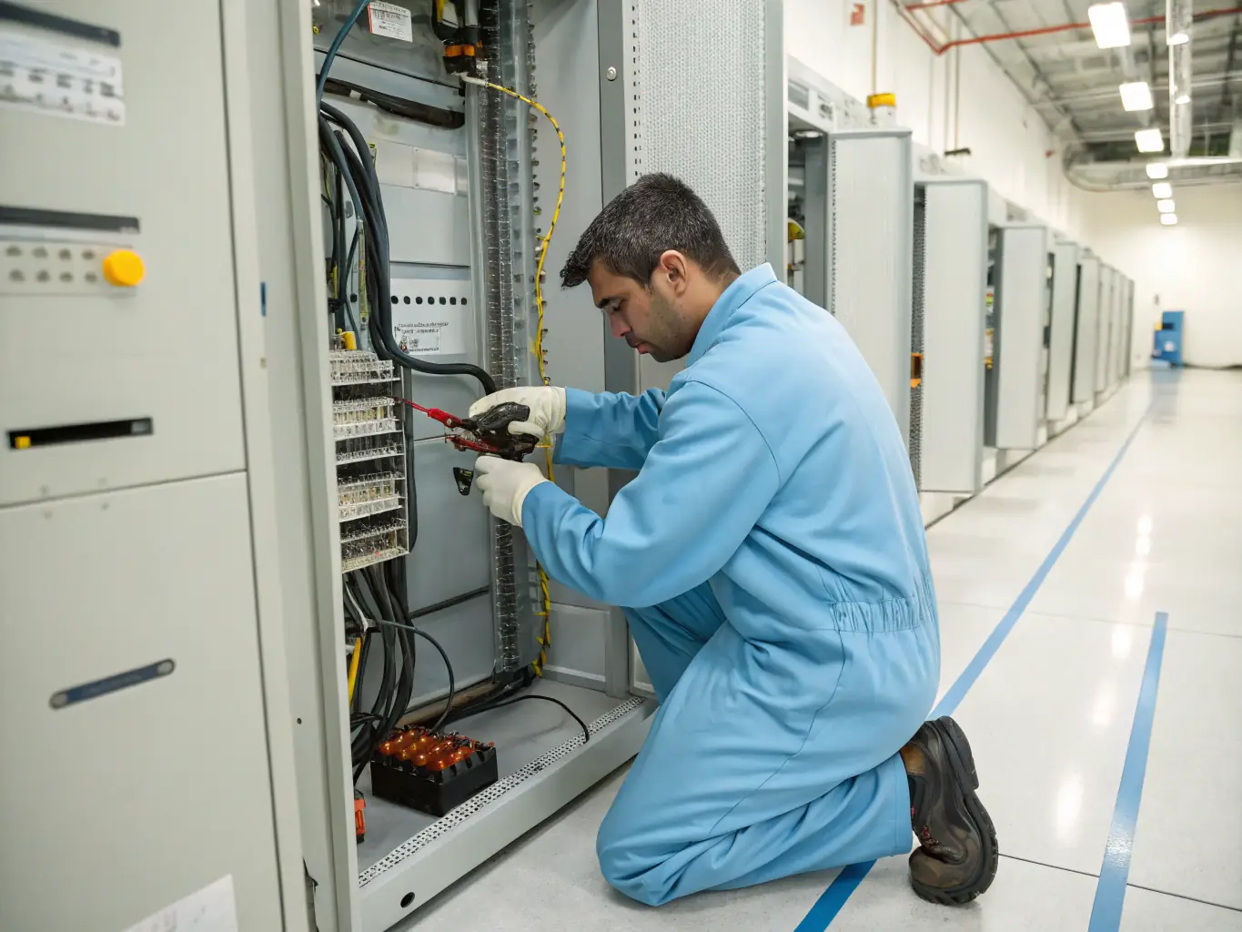 A control panel with various industrial automation components and a technician configuring controls, showcasing Virelix Engineering Group's capabilities in automation and industrial controls.