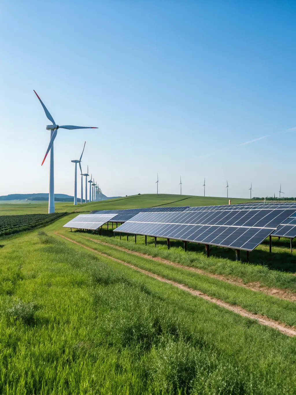 A visual representation of a renewable energy source (solar panels or wind turbines) connected to a power grid, illustrating the concept of grid integration.