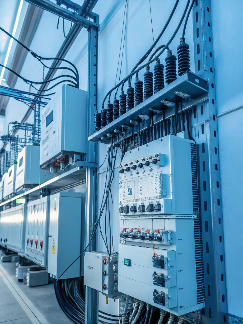 A photograph of a power distribution substation, emphasizing the scale and importance of power distribution in modern infrastructure.