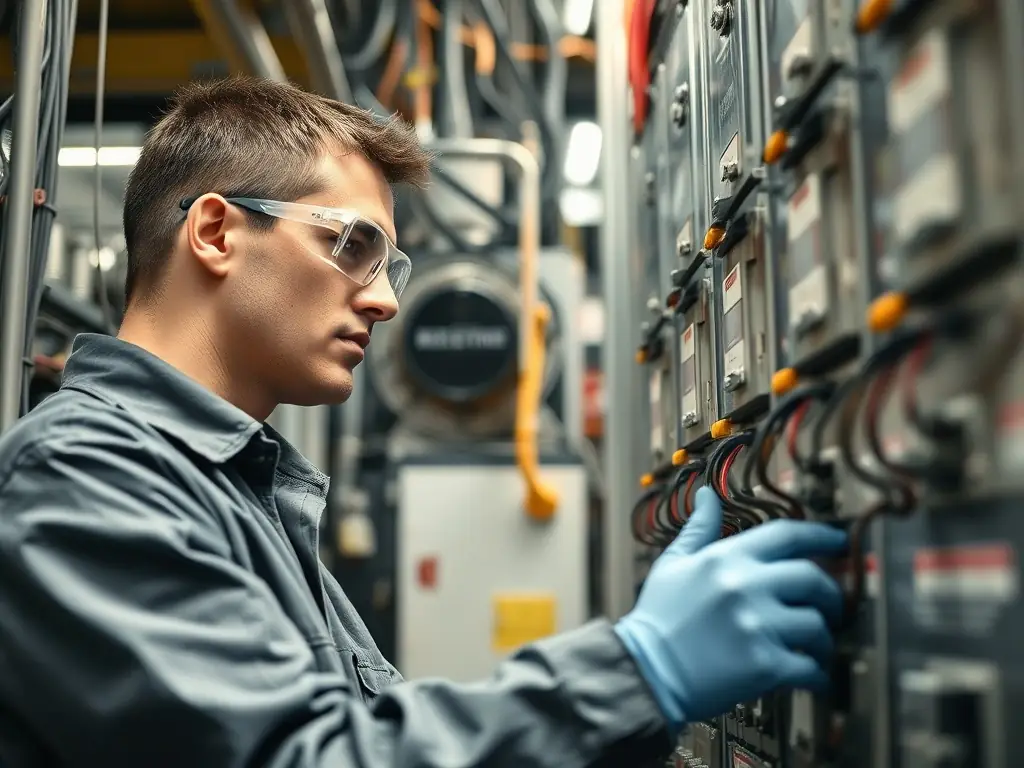 An engineer reviewing electrical schematics on a digital tablet in a modern industrial facility, representing Virelix Engineering Group's expertise in electrical design and power systems.