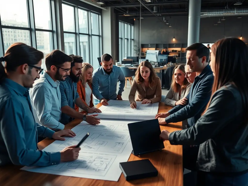 A diverse team of engineers collaborating on a complex electrical design project in a modern office setting, emphasizing the breadth of expertise at Virelix Engineering Group.